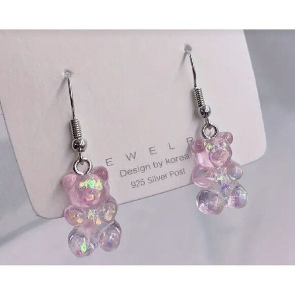 New! Adorable Pink Aurora Borealis Gummy Bear Dangle Earrings! - Picture 1 of 1